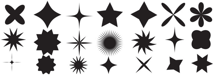Abstract geometric shape silhouettes, black brutalism forms. Modern trendy minimalist basic figures, stars, lines and circles, memphis geometric silhouette elements vector set 