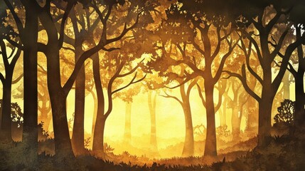 Paper-cut forest wallpaper with golden light and intricate tree silhouettes