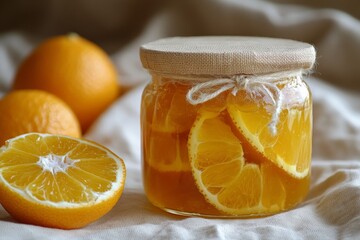 Orange slices in jar with whole oranges on table, highlighting homemade citrus preserve