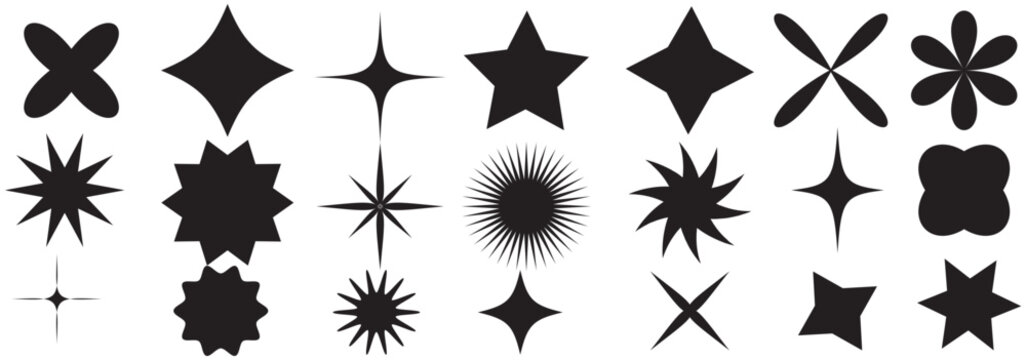 Abstract geometric shape silhouettes, black brutalism forms. Modern trendy minimalist basic figures, stars, lines and circles, memphis geometric silhouette elements vector set 