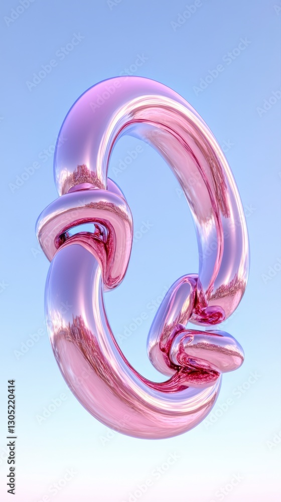 Poster abstract pink metallic sculpture with a knot like design against a light blue background. the object