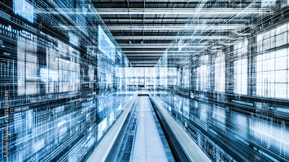 Poster exploring the future of technology data visualization in a modern industrial space