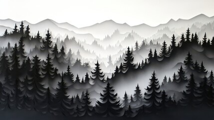 Fototapeta premium Elegant monochrome paper-cut wallpaper with dense forest silhouettes and misty gradient