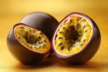 Freshly cut passion fruits displaying vibrant pulp and seeds on a golden background