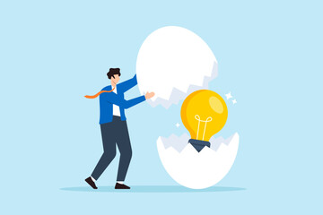 Flat illustration businessman lifting cracked eggshell revealing glowing lightbulb inside symbolizing startup idea
