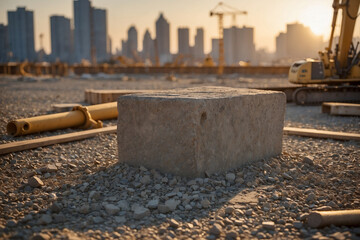 A large foundation stone placed at a construction site, symbolizing strength, stability, and the beginning of a new building project