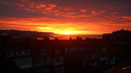 Coastal town sunrise, fiery sky