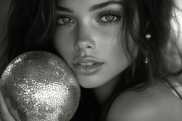 Naklejka premium Elegant Portrait of a Model With Curly Hair Wearing Pearls in a Soft, Warm Setting