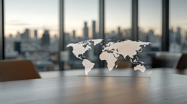 Digital world map hologram overlays contemporary office backdrop illustrating innovative global business concepts and connectivity