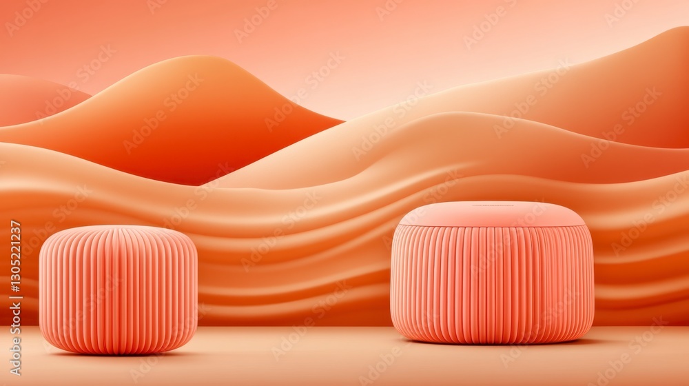 Poster abstract 3d render of two peach colored textured cubes against a backdrop of undulating peach sand d