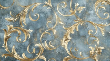 Ornate floral wallpaper with gold filigree embossing and sapphire blue background
