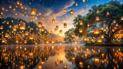 Illuminated Night  Glowing Lanterns Ascend Above Serene Waters, Reflecting in Still Lake Under Starlit Sky