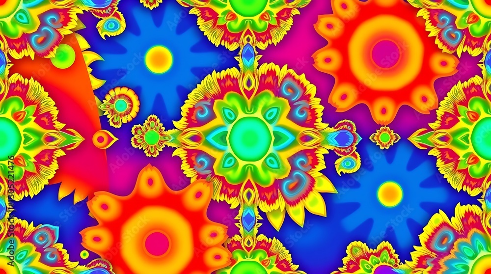 Poster kaleidoscopic bloom: a vibrant, kaleidoscopic floral design bursts with color and intricate patterns