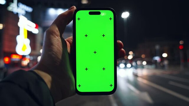 Close-up pov view of male hand holding modern smartphone keylight green screen gadget in the street at night, man looking at cell phone chroma key, bokeh of big city illumination lights in evening