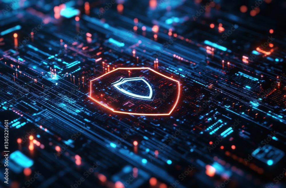 Poster futuristic digital shield symbol illustrating cybersecurity protection with glowing neon elements on