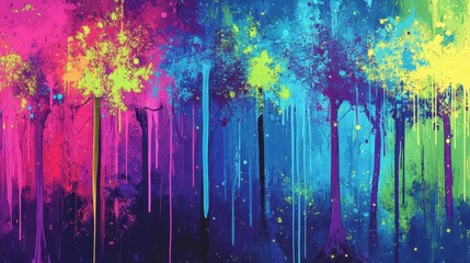 Vibrant graffiti forest wallpaper with neon trees and electric blue magenta splashes