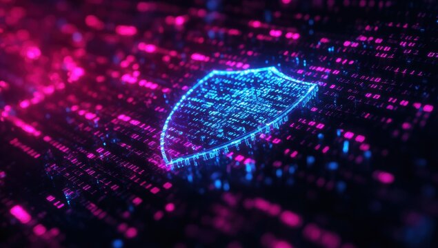 Futuristic Digital Shield Representing Cybersecurity and Data Protection in an Abstract Technology Environment with Colorful Binary Code Flowing
