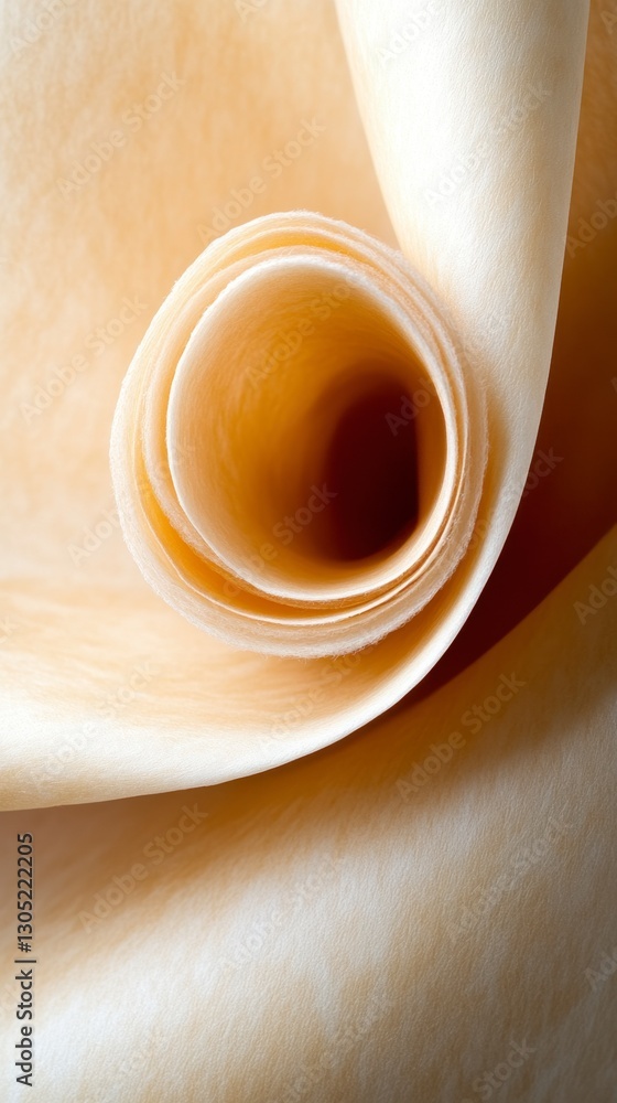 Poster close up of a pale yellow fabric softly rolled into a spiral, creating an abstract texture. the ligh