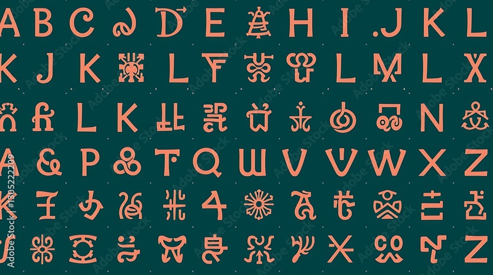 Poster alphabet of symbols: a stylized display showcases an array of unique and artistic symbols, evoking a