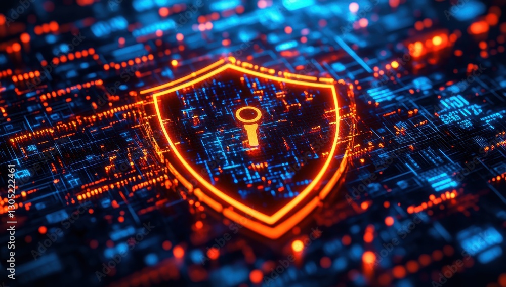 Poster futuristic digital shield with key icon illuminated in bright orange on a high-tech background repre