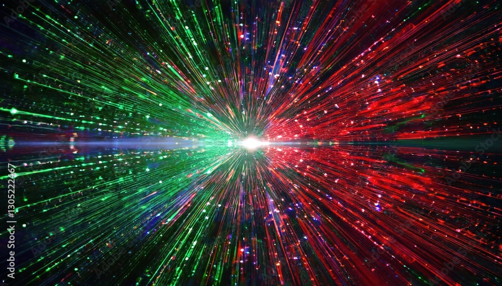 Poster vivid laser light explosion with red and green rays, abstract speed burst effect, futuristic motion 