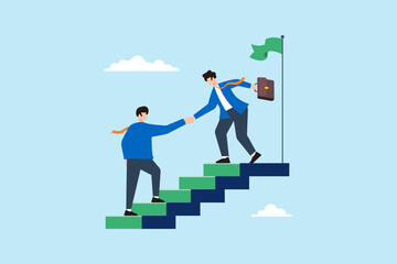 Flat illustration business leader help employee climb top stair with green flag symbolizing  mentoring support achieving success