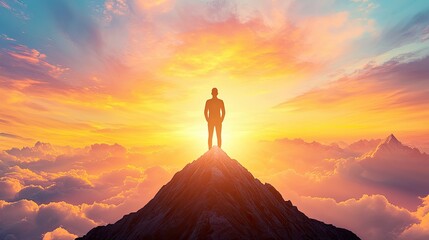 Self-Confidence illustrated as a person standing confidently on a mountain peak, looking at the horizon, Self-Confidence for Personal Growth and Leadership Success.