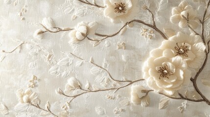 Embroidery-style wallpaper with stitched roses and vines on a linen backdrop golden threadwork