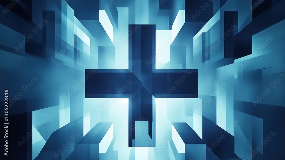 Poster abstract plus sign in a geometric tunnel. possible use background image for technology, innovation