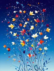 Colorful flowers bloom under starry night