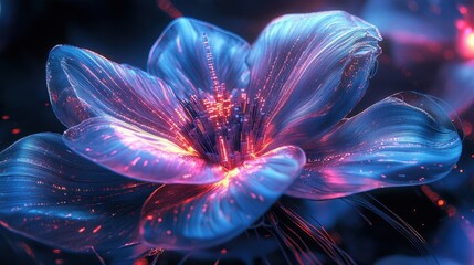 Obraz premium Sci-fi floral wallpaper with mechanical petals and glowing circuit veins under neon light