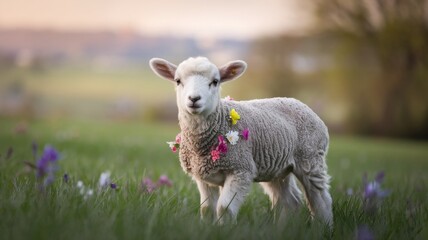 Obraz premium Peaceful Lamb with Flowers, Spring Blossom, serene lamb with spring flowers