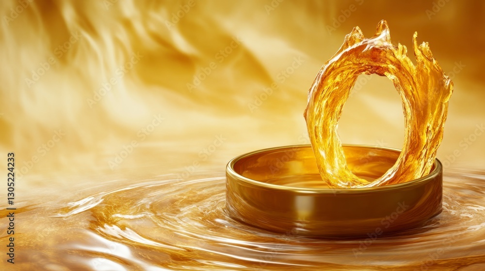 Poster abstract image of swirling golden liquid forming a ring above a golden circular base, set against a 
