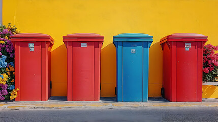 Colorful bins against a vibrant yellow wall