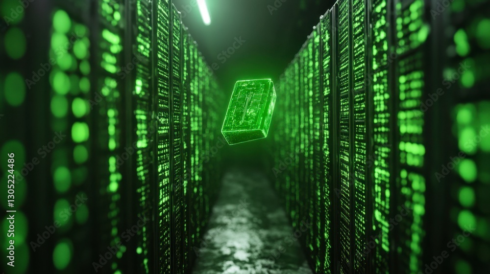 Poster abstract digital data center with glowing green servers and a floating cube, dark background, futuri