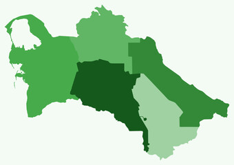 Map of Turkmenistan with regions. Just a simple country border map with region division. Green color palette. Flat Turkmenistan shape with administrative division. Vector illustration.