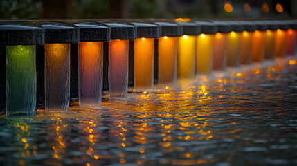 Colorful fountain jets at night
