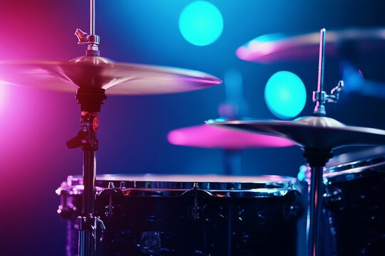 Drum Solo: A close-up of a professional drum set in the heart of a concert venue, the cymbals gleaming under a vibrant wash of blue and pink stage lighting.