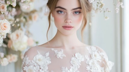 Elegant Bride in Floral Embrace: A breathtaking portrait of a bride radiating beauty, surrounded by delicate flowers, showcasing a timeless elegance and grace. 