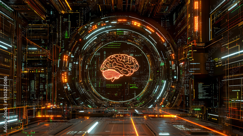 Poster exploring artificial intelligence brain concept in futuristic digital environment 3d visualization t