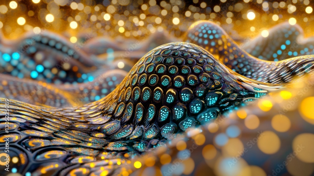 Poster Abstract digital landscape with glowing teal and gold textured surface. Waves of data points create a dynamic, undulating pattern against a bokeh background. Dark metallic texture with light accents.