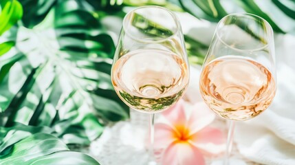 A toast to paradise: Two glasses of exquisite wine, one golden, the other blush, shimmer invitingly against a backdrop of lush green foliage and a delicate flower.