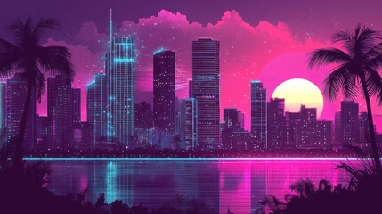 A vibrant neon cityscape reflecting across calm tranquil water