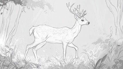 Majestic Stag in Misty Forest Sketch.