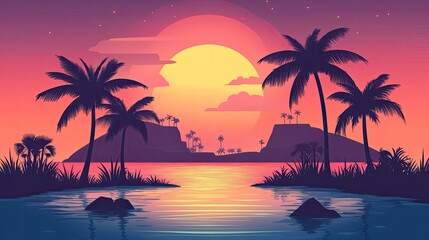 Sunset over a tropical island with palm trees