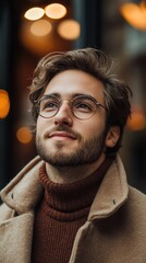 Fototapeta premium Young man with glasses and stylish coat gazes upward in a cozy cafe during the evening hours