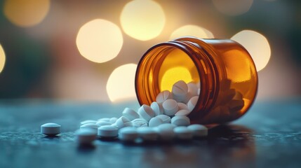 Macro Shot of Open Pill Bottle with Pills Spilling Out, Highlighting Detail, Depth of Field, and Soft Background Bokeh Effect