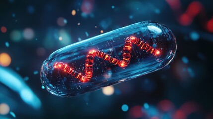 Translucent Gel Capsule Floating in Abstract Background with Red Helix Structure and Bokeh Effect