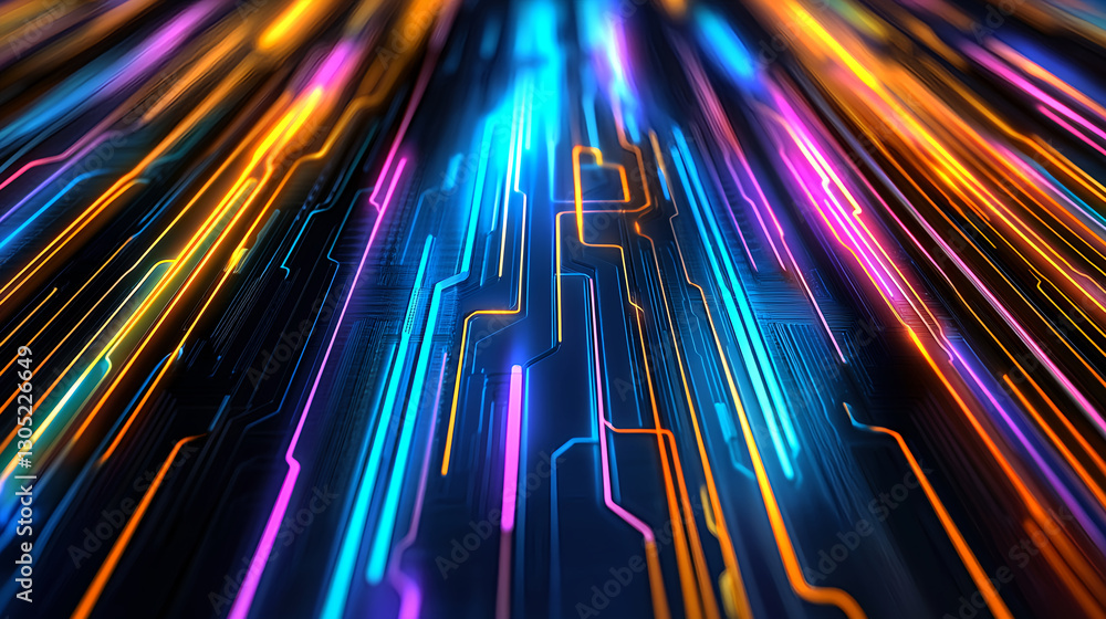 Poster dynamic light trails in digital space abstract art colorful background high-tech environment artisti