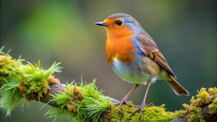 Fototapeta premium A Vibrant Songbird Perched on a Mossy Branch in a Natural Habitat